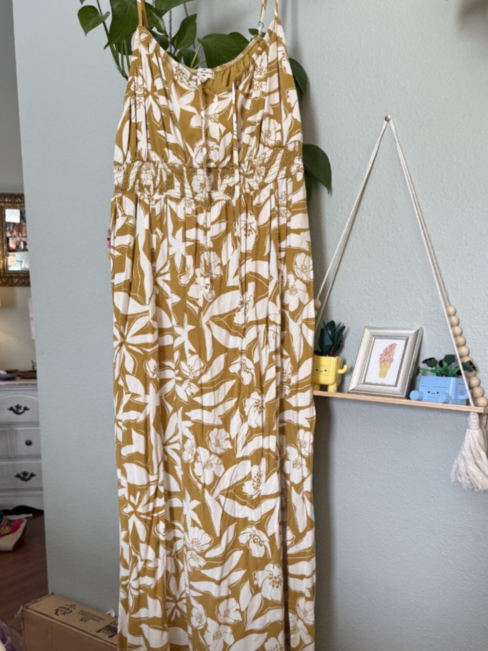 Mason & Belle Mustard Floral Maxi Dress - Smocked Waist Tie Front - Size XL